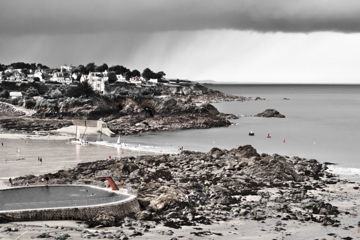 Nice landscape in black and white with red skin tones at St Quay Portrieux. Storm is just coming